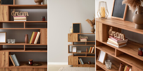 Collage of wooden bookcase in room