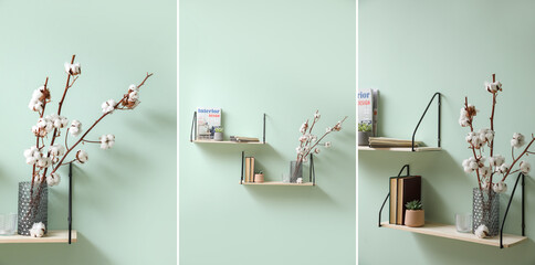 Collage of stylish shelves with books and cotton flowers hanging on color wall