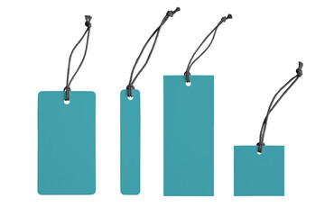 Various shape blank turquoise paper label, cloth tag set isolated on white, transparent background, PNG. Price tag mockup template with copy space for brand, information. Shopping, black friday sale