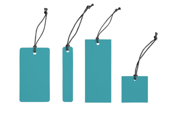 Various shape blank turquoise paper label, cloth tag set isolated on white, transparent background, PNG. Price tag mockup template with copy space for brand, information. Shopping, black friday sale - Powered by Adobe
