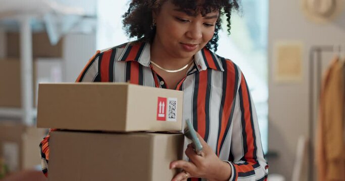 Happy woman, fashion designer and phone with boxes in logistics for ecommerce, shipping or delivery service at boutique. Female person or small business owner smile on mobile smartphone with package