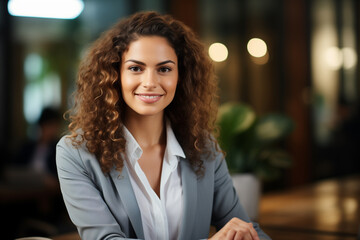 beautiful business woman in a modern office shaking hands with a client, smile, shirt, elegant, curly hair, African heritage