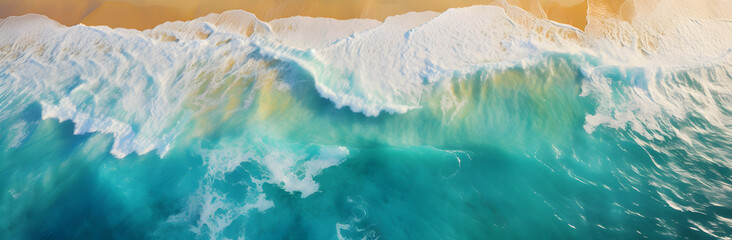 ocean shore, foamy waves, crashing waves, Above blue ocean, golden sand, Overhead photo, Ocean Wave - obrazy, fototapety, plakaty