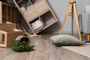 Stepladder with houseplant on floor in messy living room