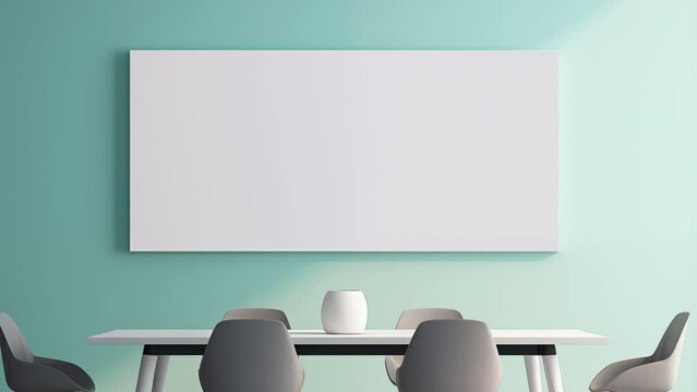 Modern minimalist dining room with mint wall and mock up poster frame with copy space. Animation with zoom effect. Modern design and advertising concept. High quality 4k footage