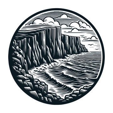 cliff by the ocean landscape emblem sketch
