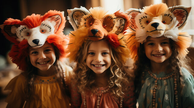 cheerful children in animal costumes at a masquerade, masks, boys, girls, kids, child, holiday, kindergarten, friends, carnival, party, emotional faces, people, portrait, childhood, festival outfit