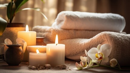 Obraz na płótnie Canvas Warmly lit spa setting with candles, orchids, and fluffy towels, suggesting a serene and luxurious wellness environment.