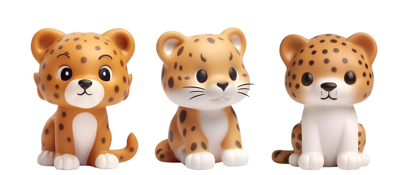 A Cute Leopard Set in the Style of Kids&rsquo; Plastic Bath Toys: 3D Rendering, Isolated on Transparent Background, PNG