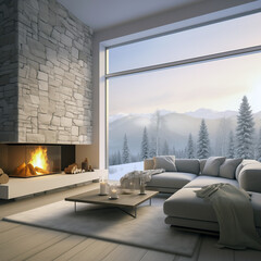 Minimalist interior design of modern living room with fireplace in grey stone wall.