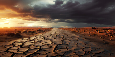 Landscape of dry cracked road at sunset, drought panoramic perspective view. Scenery of wasteland, deserted earth. Concept of soil, ground, global warming, nature, climate change