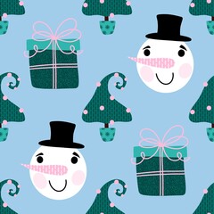 Cartoon winter seamless pattern with Christmas tree packaging and new year