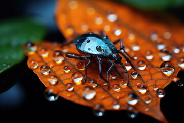Spooky black spider or beetle sits on wet orange leaf in dark forest, macro view. Close up portrait of scary wild small animal, insect with water drops. Theme of nature, venom - Powered by Adobe