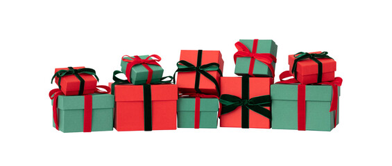 Festive red and green gift boxes isolated on transparent background. Christmas or New Year gifts.