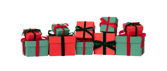 Festive red and green gift boxes isolated on transparent background. Christmas or New Year gifts.