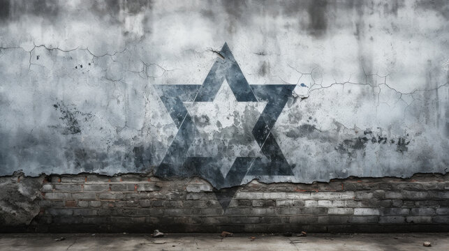Star of David painted on old building wall, Jewish symbol of Israel on street. Concept of Israeli Palestinian war, occupation, background, texture, grunge, protest, Judaism