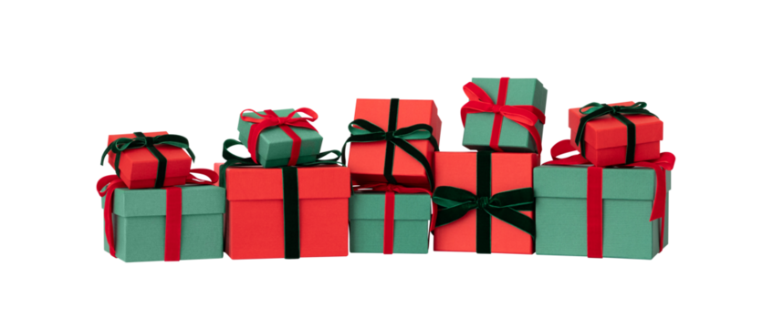 Festive red and green gift boxes isolated on transparent background. Christmas or New Year gifts.