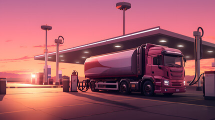 Truck parked on gas station at sunset - obrazy, fototapety, plakaty