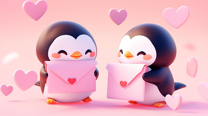 Cute penguins with valentine mail on pastel bright background - obrazy, fototapety, plakaty