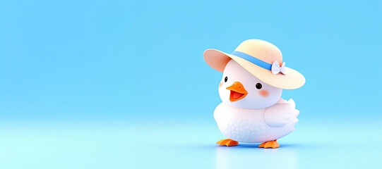 Cute white goose in blue hat around chamomile. 3d illustration style, copy space