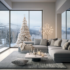 Gray corner living room in a modern Scandinavian style living room with a Christmas decor and a golden white tree. The living room opens onto a view of the forest.