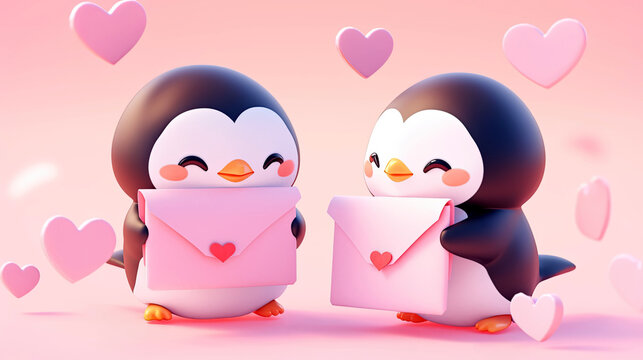 Cute penguins with valentine mail on pastel bright background