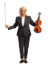 Full length portrait of a female musician holding a violin and a fiddle