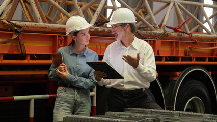 Factory manager inspecting industrial steel machinery and overseeing while supervising and enhancing quality control process for metal material product. Exemplifying