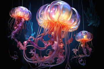 jellyfish portrait in neon painting style  - obrazy, fototapety, plakaty