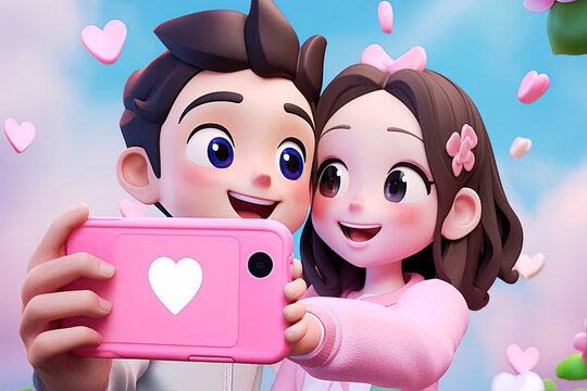 Happy love couple taking photo on mobile phone. Young man and woman using smartphone camera for shooting selfie. 3d style illustration