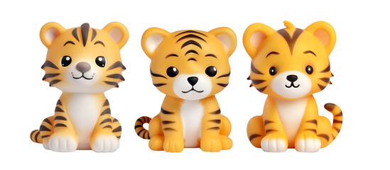 Kids’ Plastic Bath Toy: 3D Rendering of a Cute Tiger Set, Isolated on Transparent Background, PNG