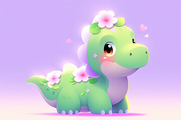 Cute green dinosaur on purple background. 3d illustration style.