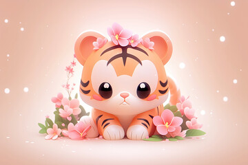 cute tiger adorned with flowers on the light pink background. 3d illustration style
