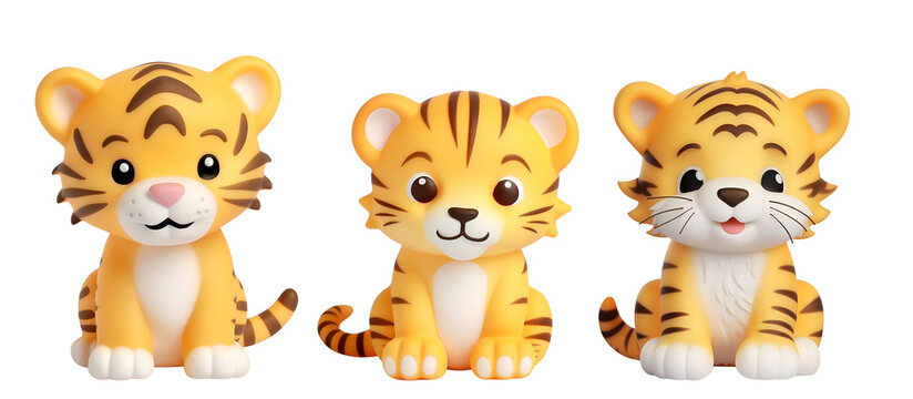 A Cute Tiger Set for Kids: 3D Rendering in Plastic Bath Toy Style, Isolated on Transparent Background, PNG