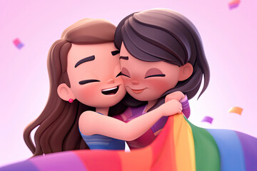 Obraz na płótnie Canvas Young women couple hug each other and hold a rainbow LGBT pride flag. 3d illustration style