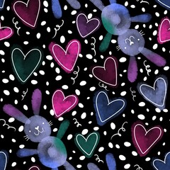 Watercolor cartoon animals seamless bunnies and hearts pattern for wrapping paper and fabrics and linens