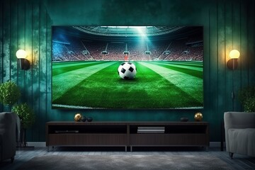 TV with Soccer Match on Big Flat Screen Televison Set. Live Broadcast of Football World...