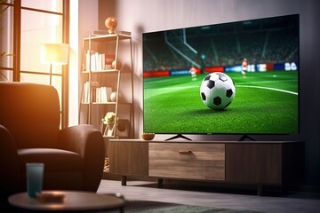 TV with Soccer Match on Big Flat Screen Televison Set. Live Broadcast of Football World Championship Finals on Sports Channel. Stylish Apartment Living Room 