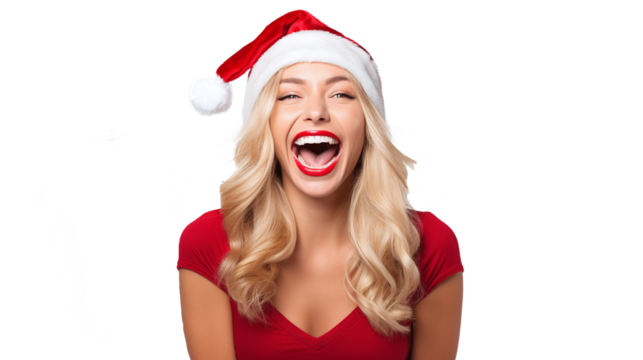 portrait black woman wearing a santa hat isolated against transparent background