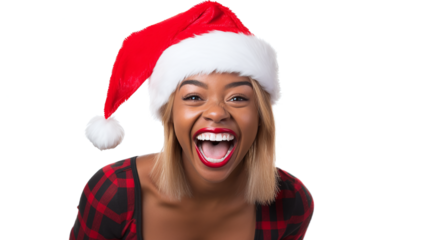 portrait black woman wearing a santa hat isolated against transparent background