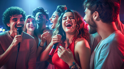 group of people singing in nightclub karaoke - obrazy, fototapety, plakaty