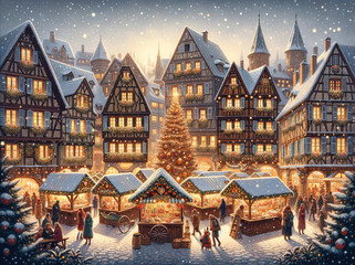 Seasonal Illustration: Christmas Market in a Typical Town in Alsace