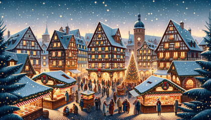 Seasonal Illustration: Christmas Market in a Typical Town in Alsace - obrazy, fototapety, plakaty