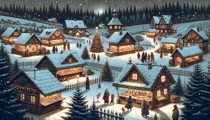 Christmas Seasonal Illustration - Rural Christmas Market on a Cold Winter Evening