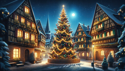 Fototapeta na wymiar Seasonal Illustration - Christmas Tree in the Town Square, on a Cold Winter Evening