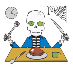 skull zombie having dinner with a plate e of meat