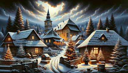 Christmas Seasonal Illustration - Rural Scene in Romania on a Cold Winter Night