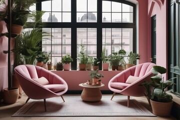 Pink Barbie style terrace with specious windows, round comfortable chairs with pillows, many plants in pots. AI generated