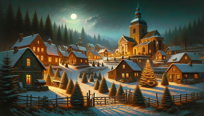 Christmas Seasonal Illustration - Rural Scene in Wallonia on a Cold Winter Night