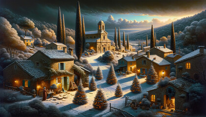 Christmas Seasonal Illustration - Rural Scene in Provence on a Cold Winter Night